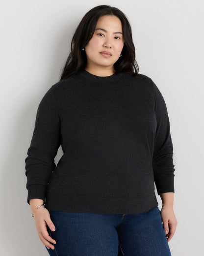 Lightweight Cotton Cashmere Crew Sweater - 1X / Black