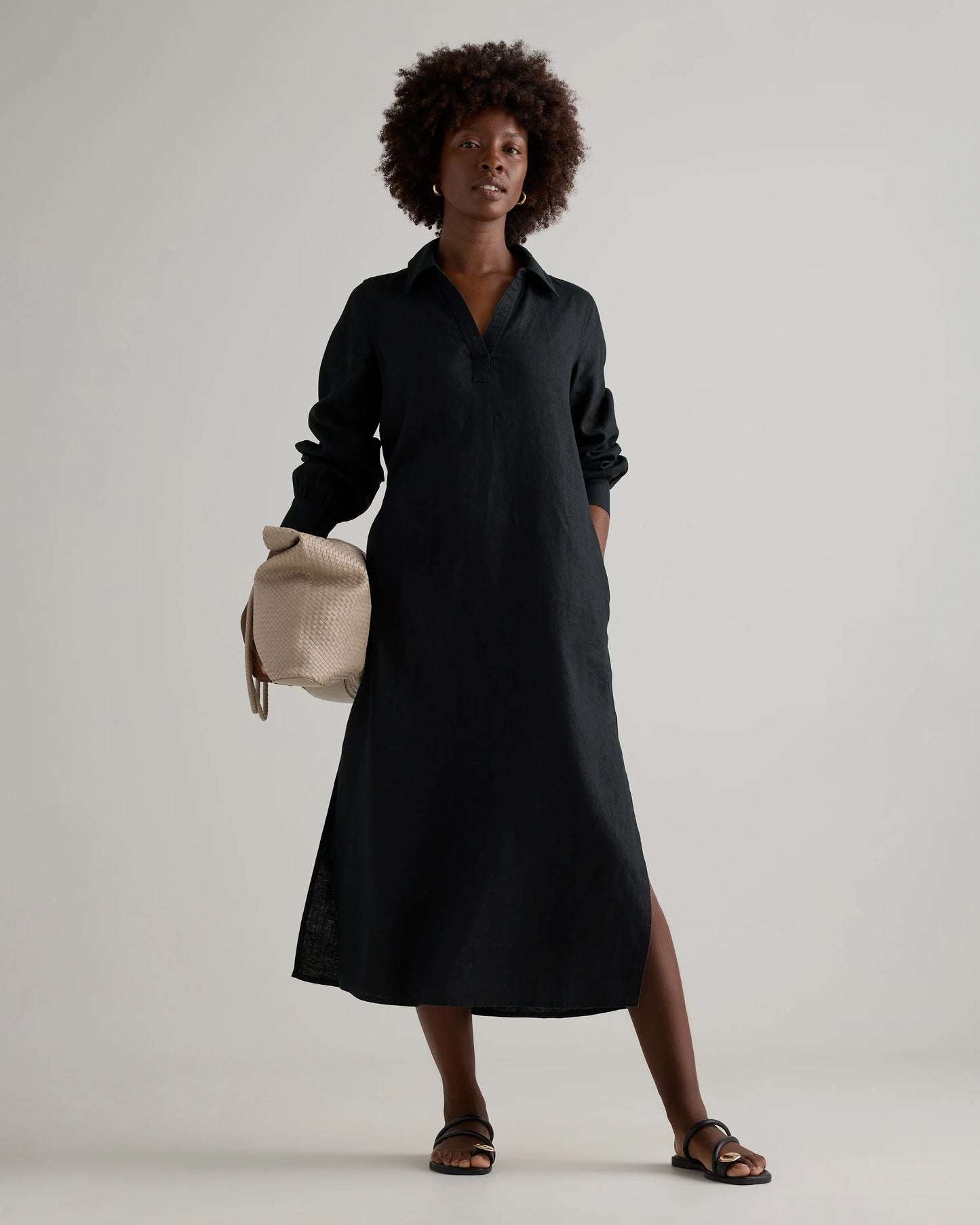100% European Linen Popover Maxi Dress - XS / Blue Pinstripe