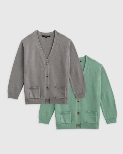 100% Organic Cotton Oversized V-Neck Cardigan 2-Pack - 6 / Grey/Granite Green