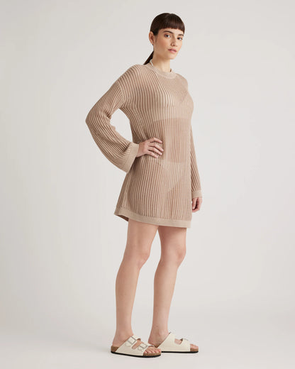 100% Organic Cotton Open-Knit Long Sleeve Cover-Up Mini Dress - XS / Beige