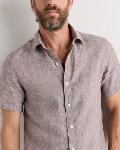 100% European Linen Relaxed Short Sleeve Shirt - XS / Taupe Brown Chambray
