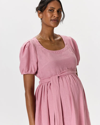 100% European Linen Maternity Short Sleeve Midi Dress - XS / Ivory Porcelain Blue Petite Floral
