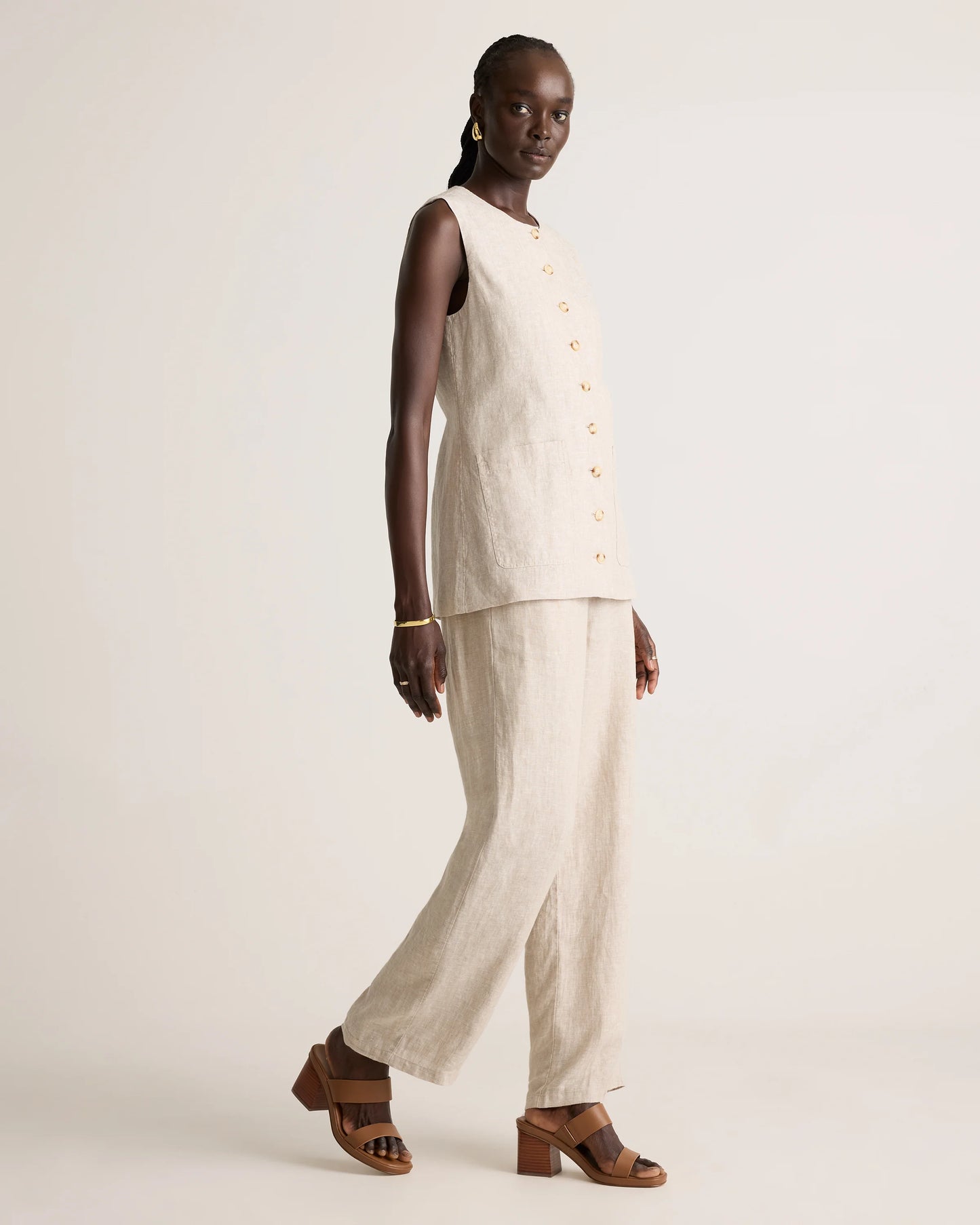100% European Linen Longline Vest - XS / Taupe Brown Chambray