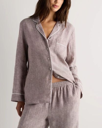 100% European Linen Long Sleeve Pajama Set with Piping - XS / Taupe Brown Gingham