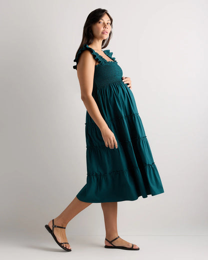 100% Organic Cotton Poplin Maternity Smocked Midi Dress - XS / Classic White