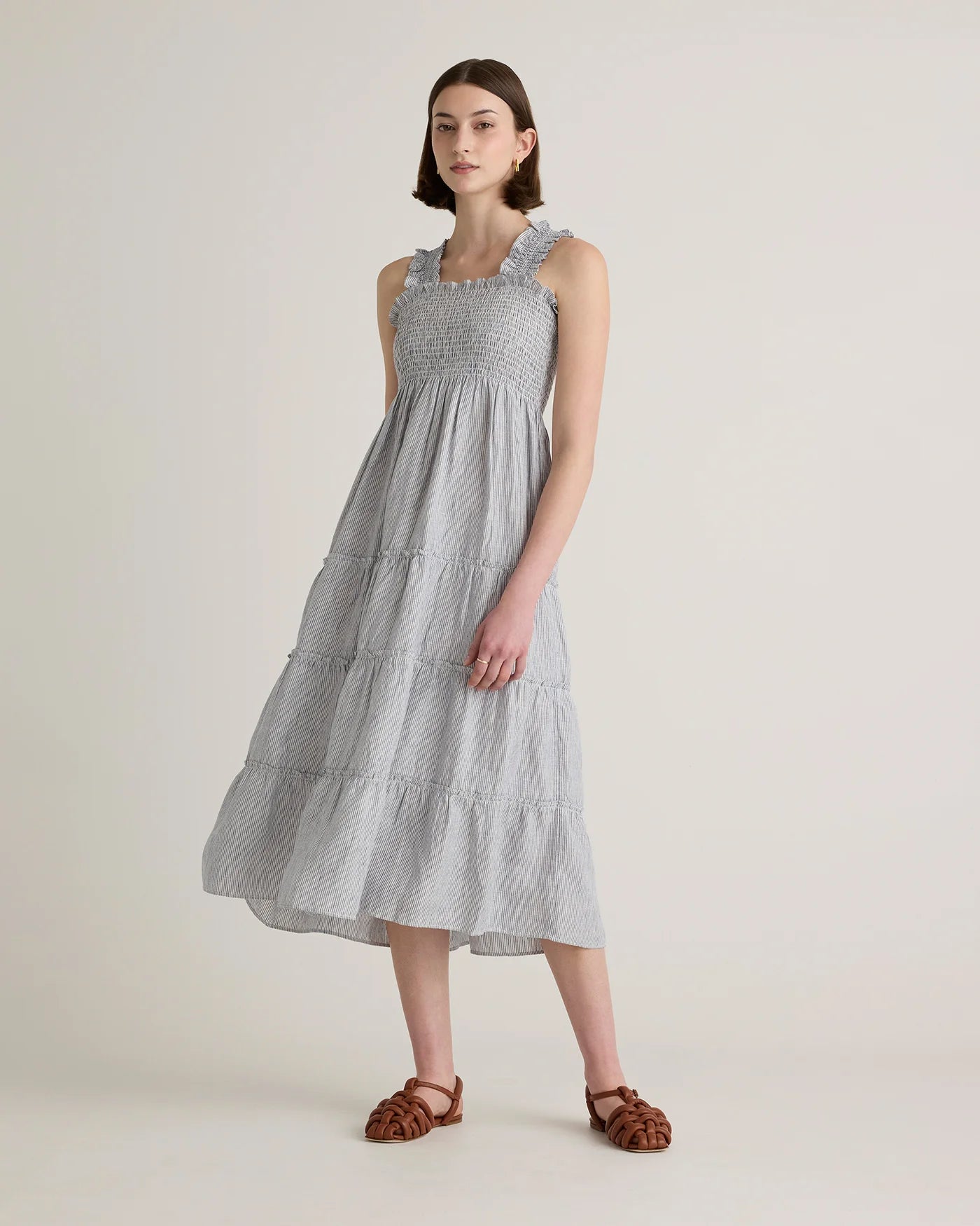 100% European Linen Smocked Midi Dress - XS / Ivory Porcelain Blue Petite Floral