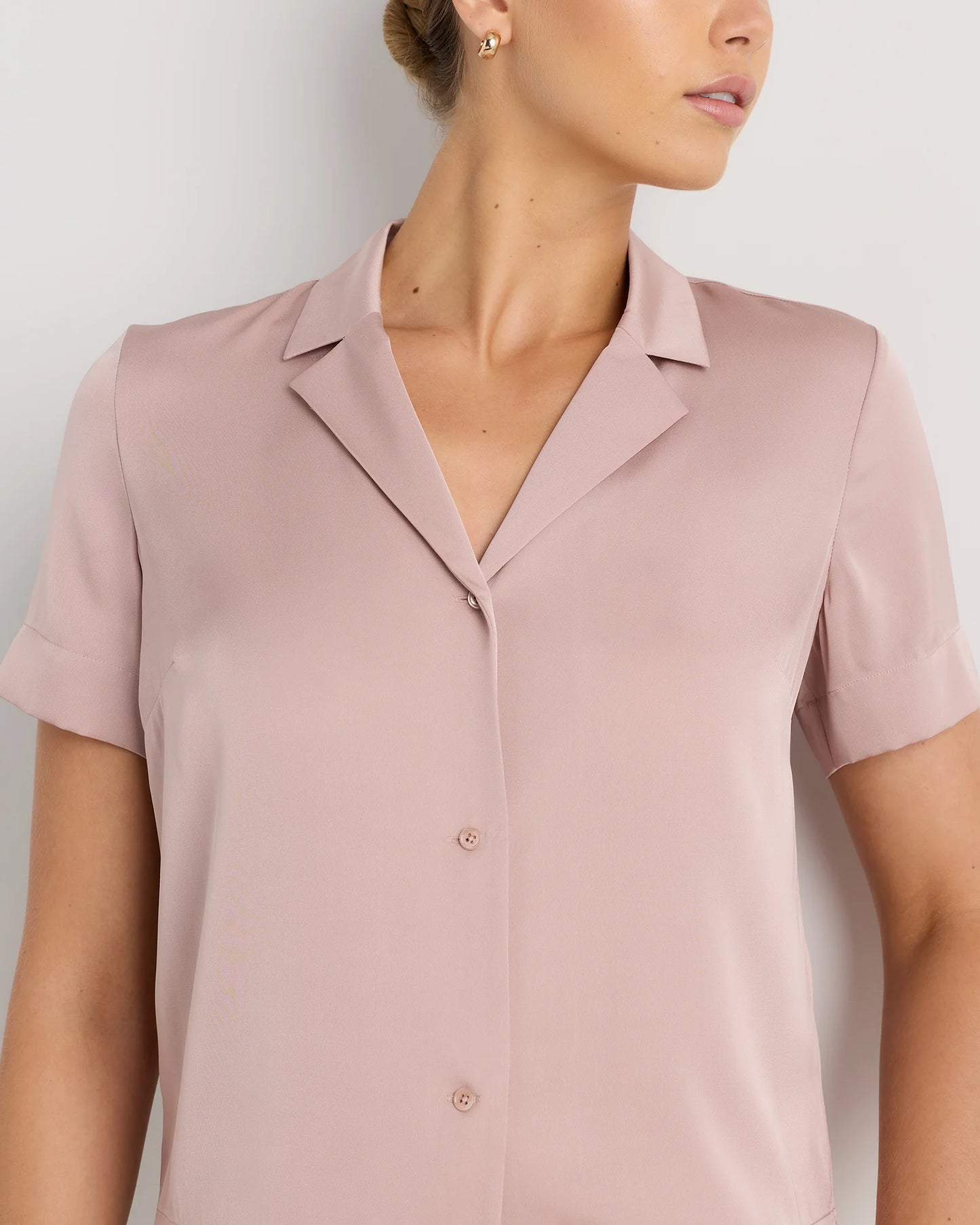 Washable Stretch Silk Short Sleeve Notch Collar Blouse - XS / Vintage Pink