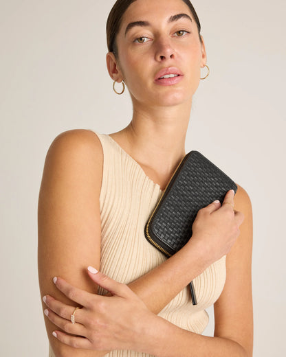 Italian Leather Handwoven Continental Wallet - One Size / Black