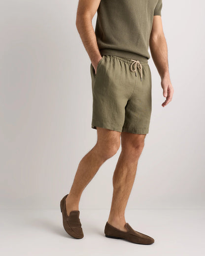100% European Linen Drawstring Beach Shorts - 7" - XS / Taupe Brown Chambray