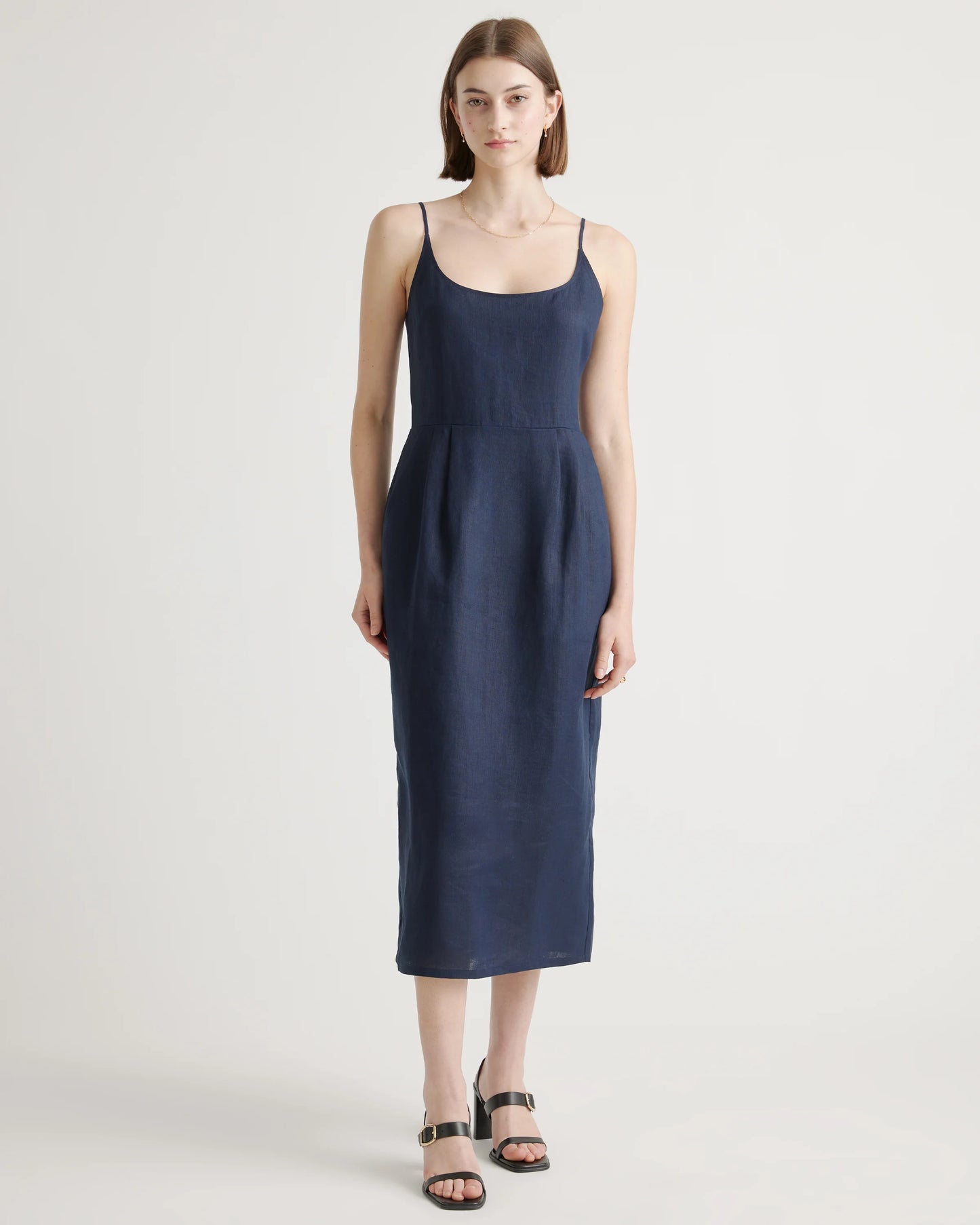 100% European Linen Scoop Neck Midi Dress - XS / Ivory Porcelain Blue Petite Floral