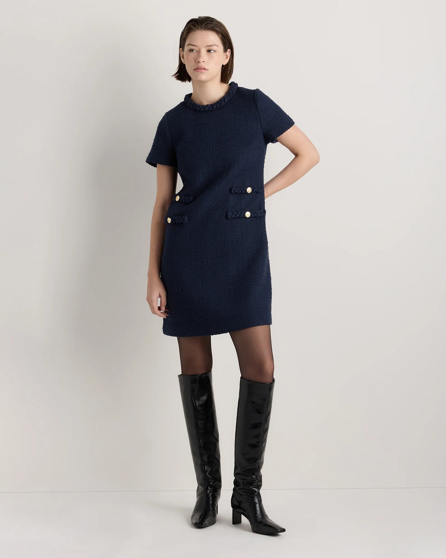Tweed Short Sleeve Mini Dress - XS / True Black