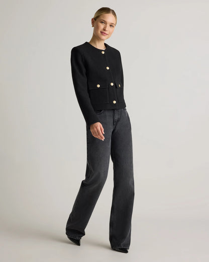 100% Merino Wool Collarless Cropped Jacket - XS / Heather Bone