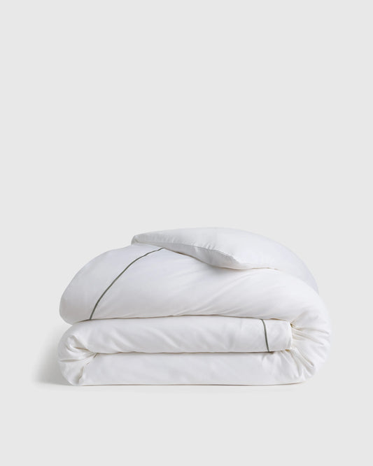 Signature Giza Cotton Sateen Embroidered Duvet Cover - Twin / White/Dried Sage