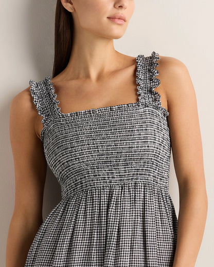 100% European Linen Smocked Midi Dress - XS / Ivory Porcelain Blue Petite Floral