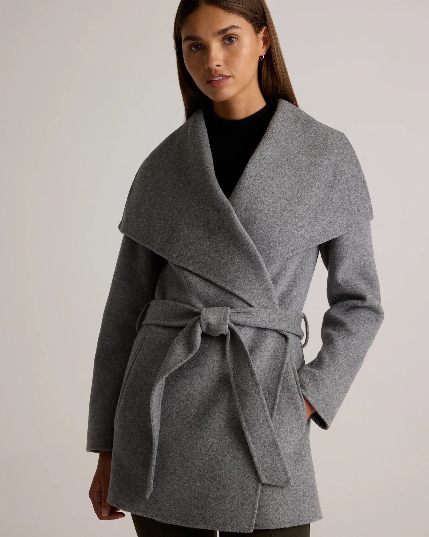 Double-Faced Merino Wool Draped Collar Short Wrap Coat - XS / Cocoa Melange