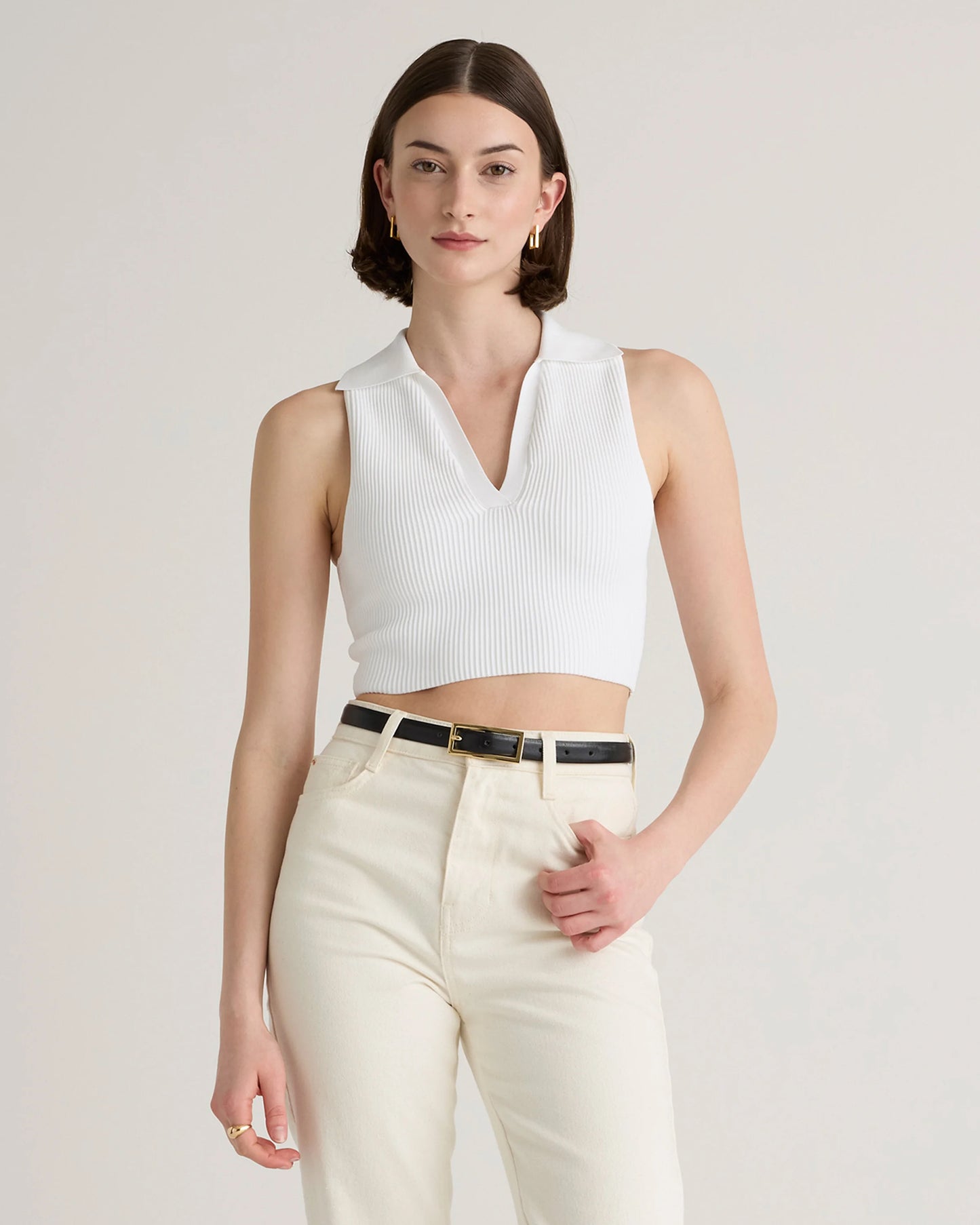 Cropped Polo Ribbed Knit Tank - XS / White
