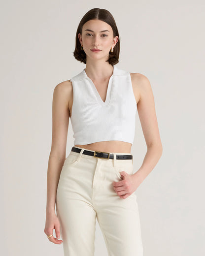 Cropped Polo Ribbed Knit Tank - XS / White