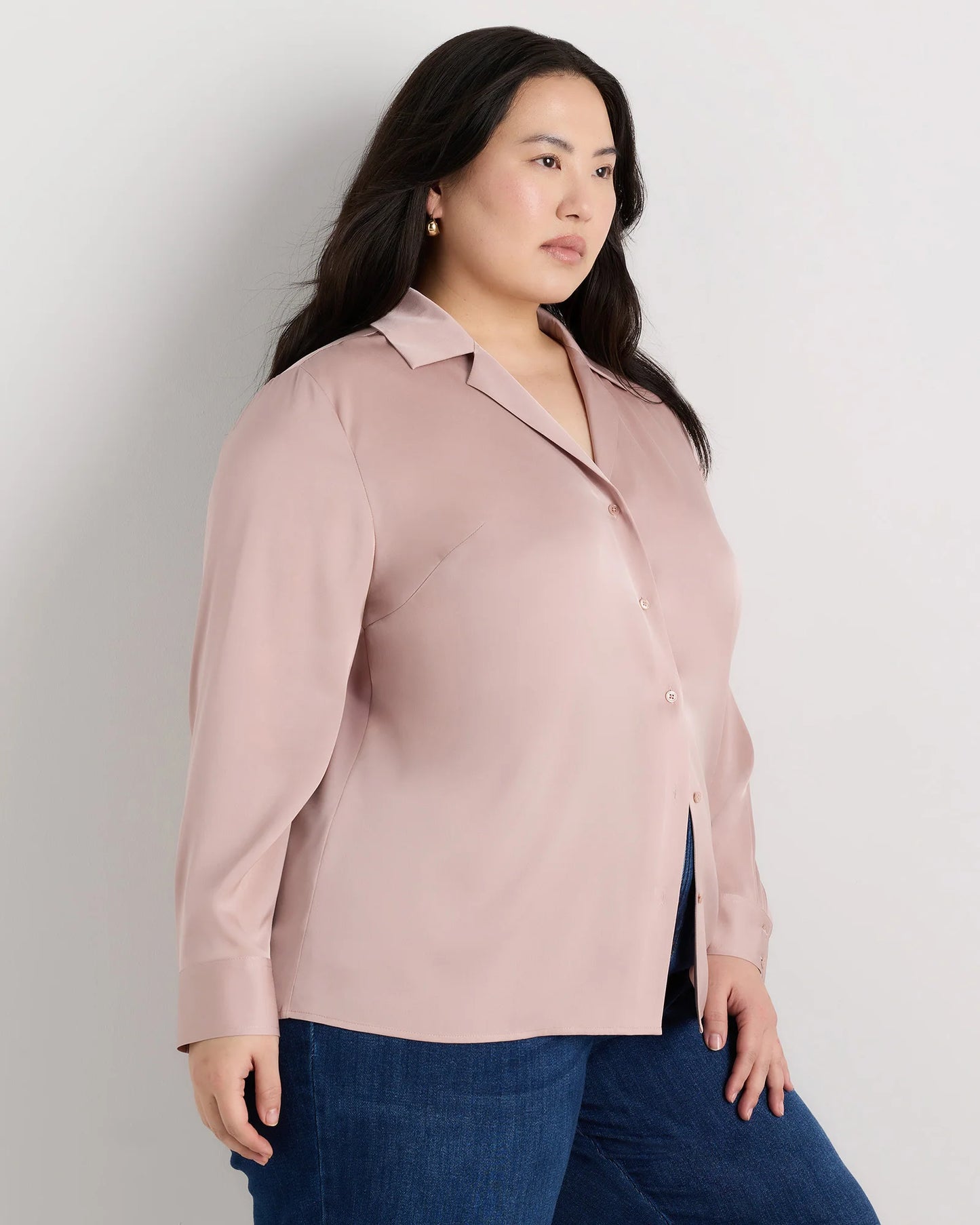 Washable Stretch Silk Notch Collar Blouse - 1X / Vintage Pink