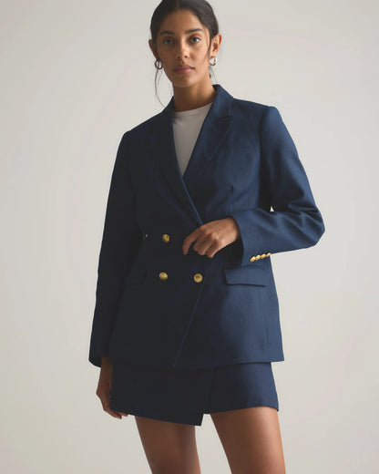 100% European Linen Relaxed Double-Breasted Blazer - XS / Blue Pinstripe