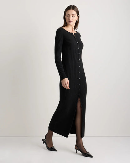 100% Yak Wool Ribbed Cardigan Sweater Dress - XS / Heather Brown