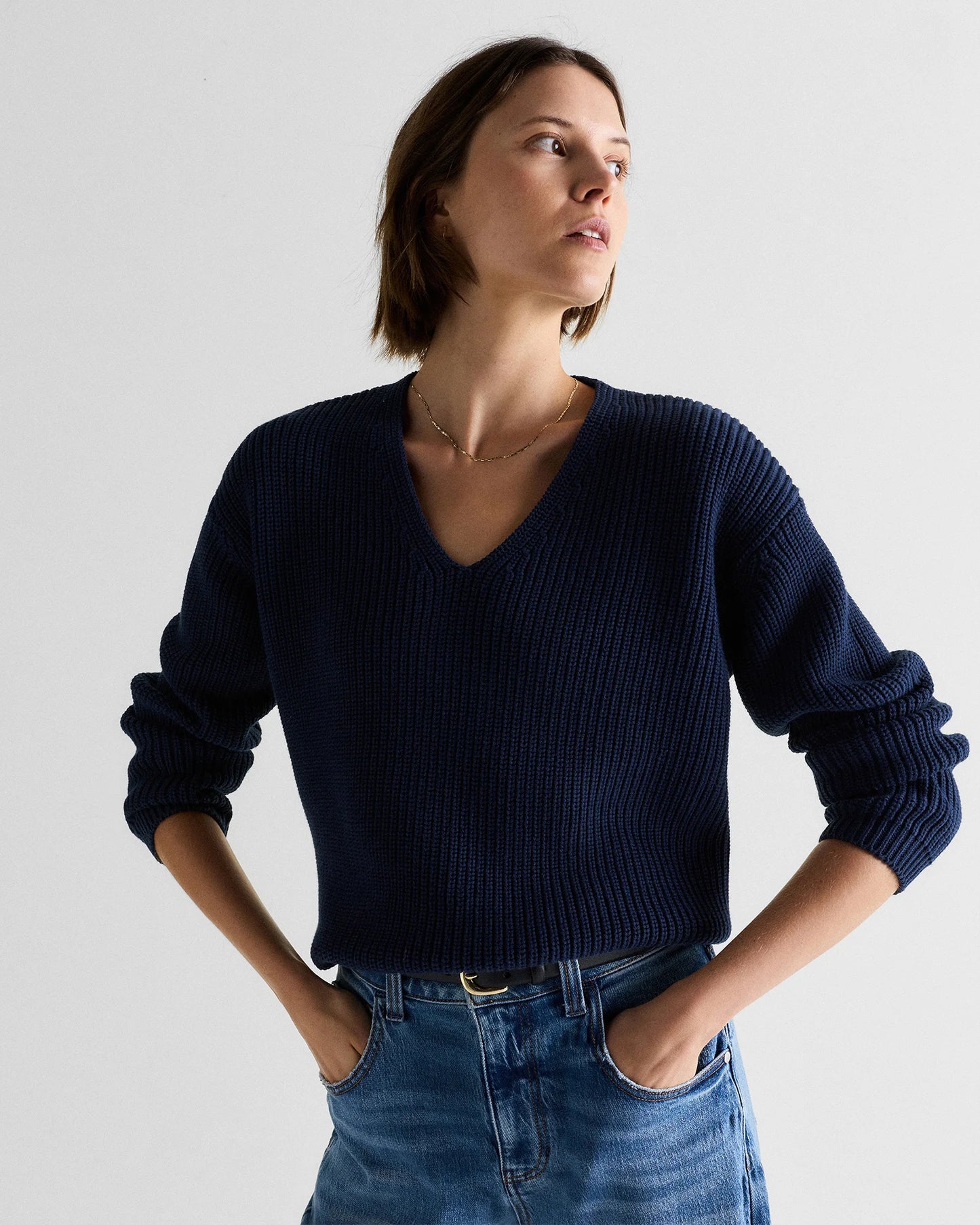 100% Organic Cotton Fisherman V-Neck Sweater - XS / Heather Brown