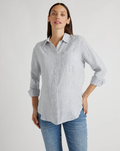 100% European Linen Maternity Long Sleeve Shirt - XS / Blue Pinstripe