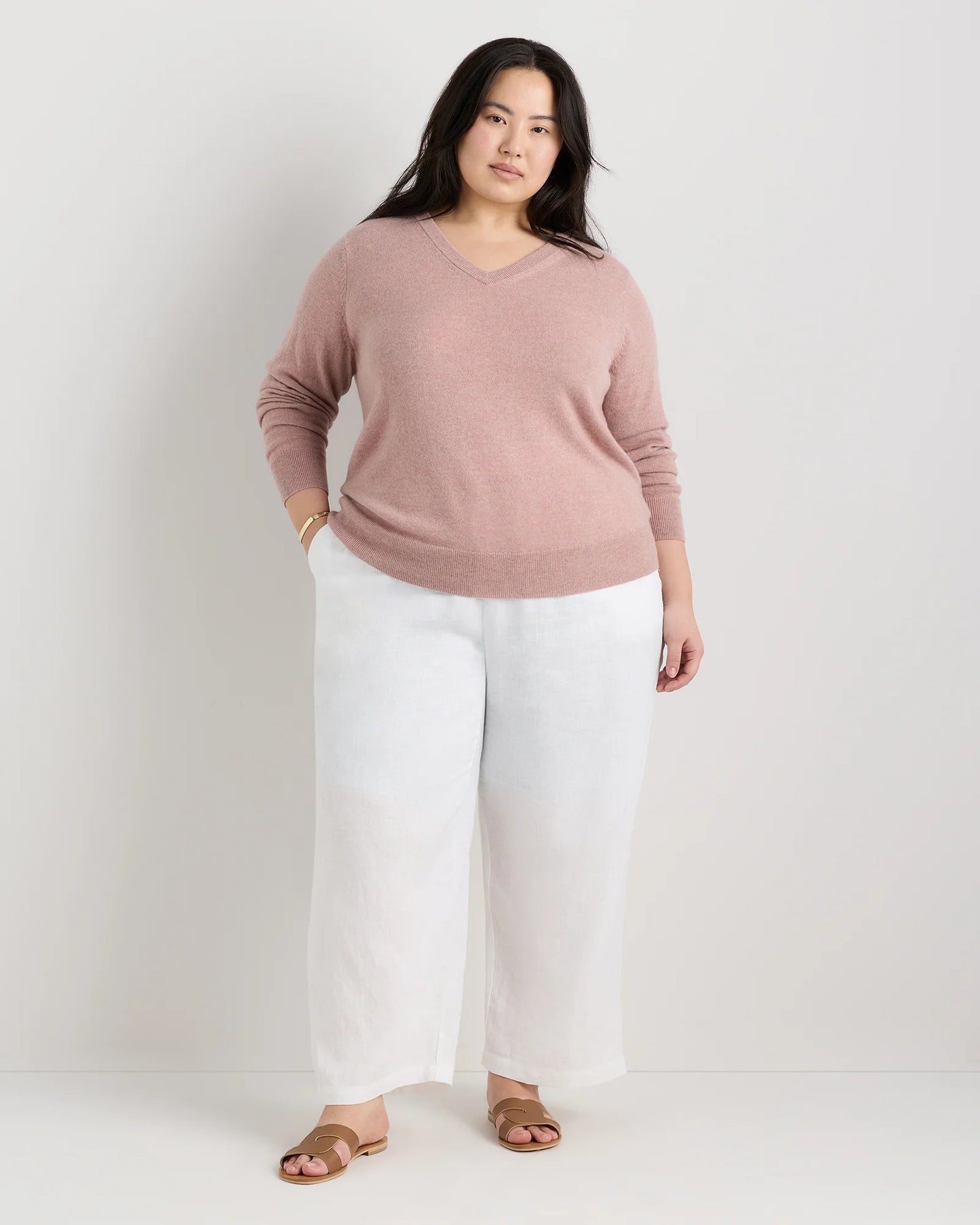 Mongolian Cashmere V-Neck Sweater - 1X / Heather Vintage Pink