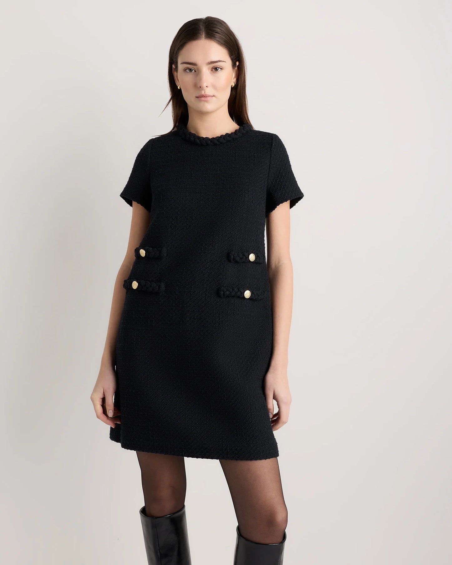 Tweed Short Sleeve Mini Dress - XS / True Black