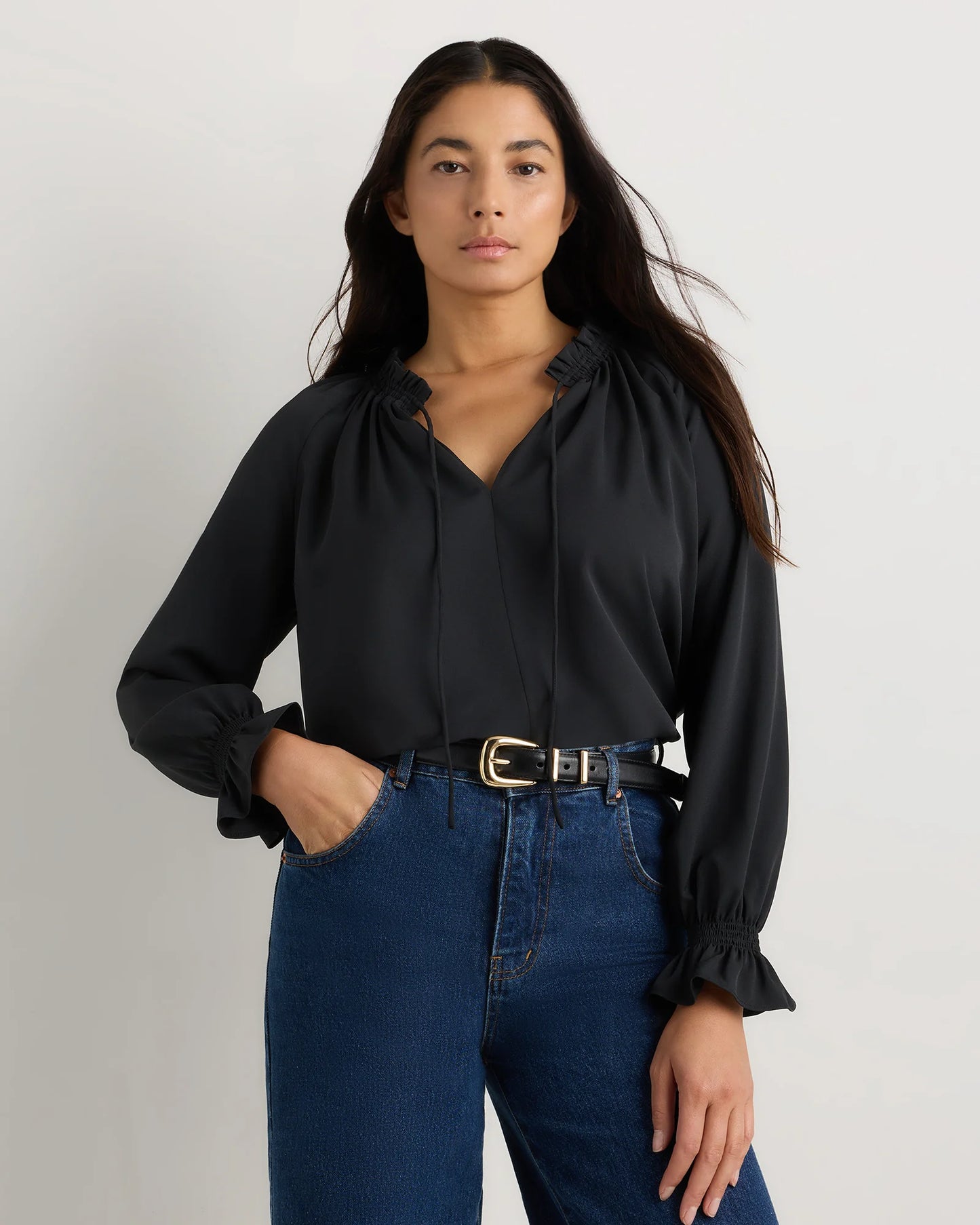 Drapey Chiffon Split Neck Long Sleeve Blouse - XS / Barolo Burgundy