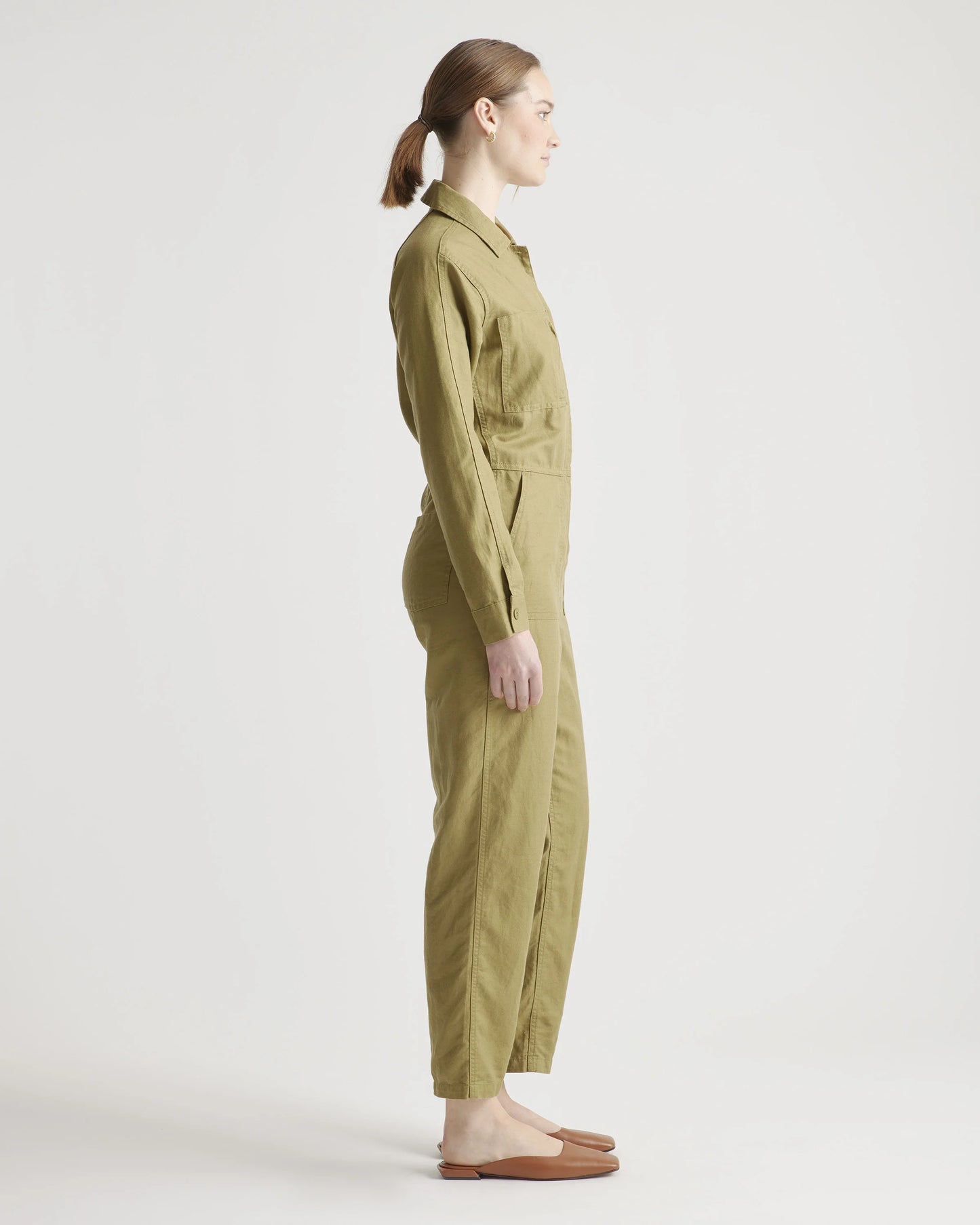 Cotton Linen Twill Long Sleeve Coverall Jumpsuit - XS / Army Green