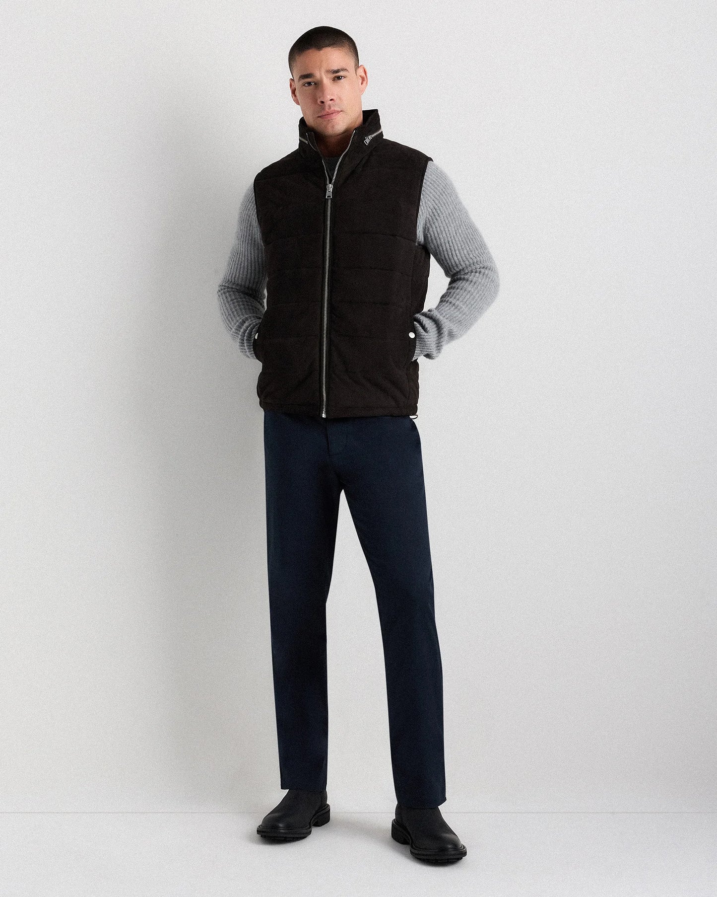 100% Suede Puffer Vest - S / Charcoal Black