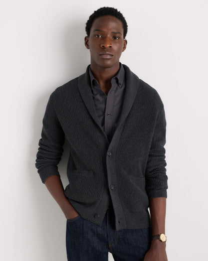 100% Organic Cotton Ribbed Shawl-Collar Cardigan Sweater - S / Bayberry Olive