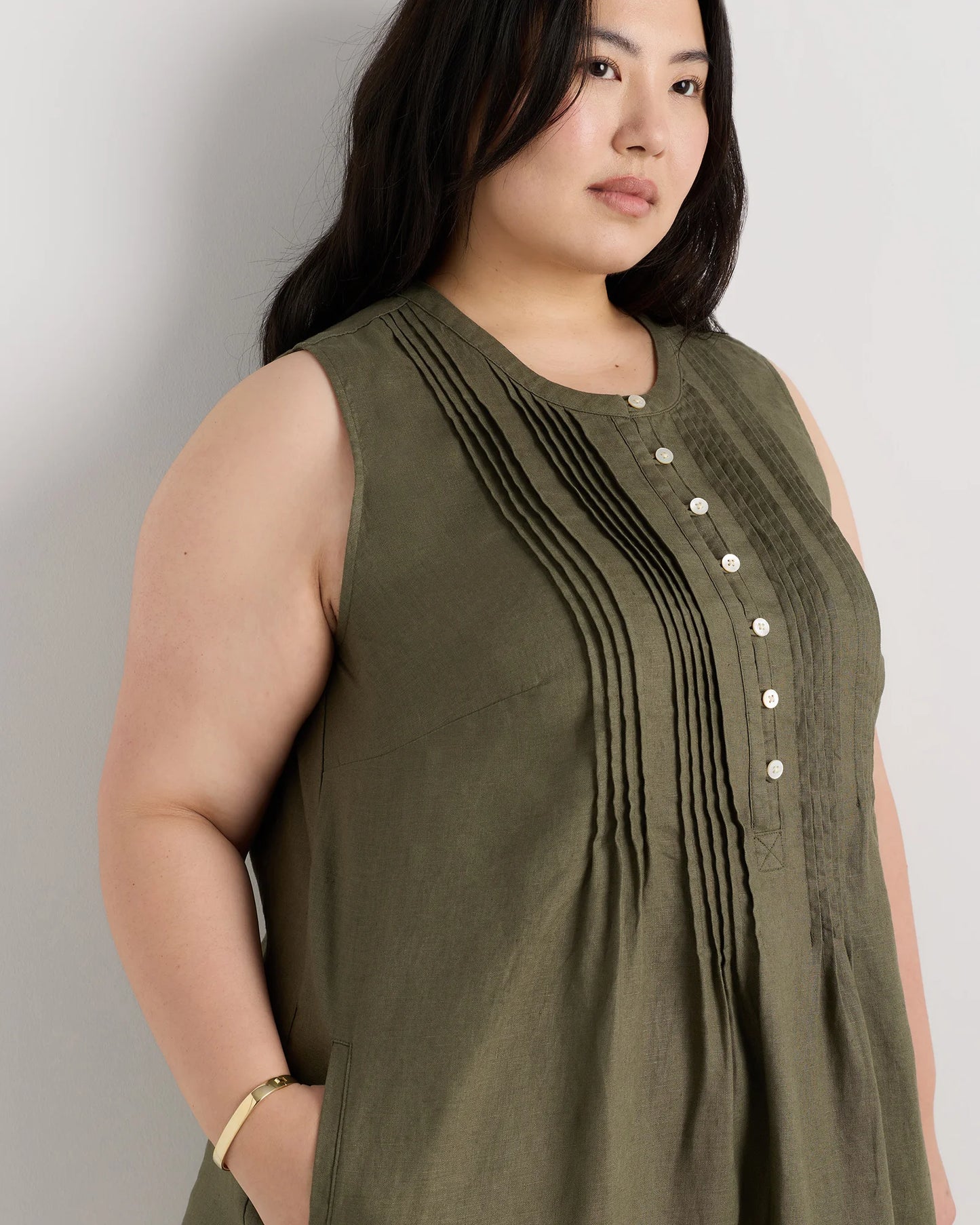 100% European Linen Sleeveless Swing Dress - 1X / Bayberry Olive