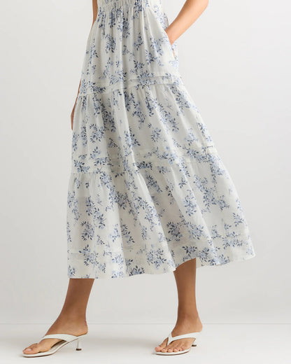 100% European Linen Tiered Maxi Dress - XS / Ivory Porcelain Blue Petite Floral