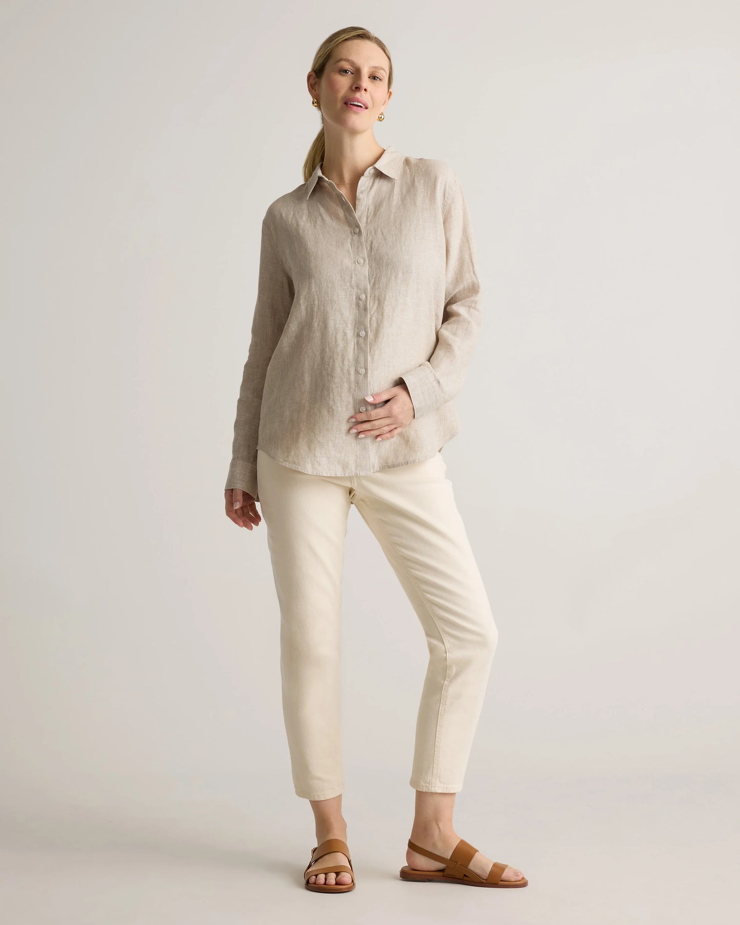100% European Linen Maternity Long Sleeve Shirt - XS / Blue Pinstripe