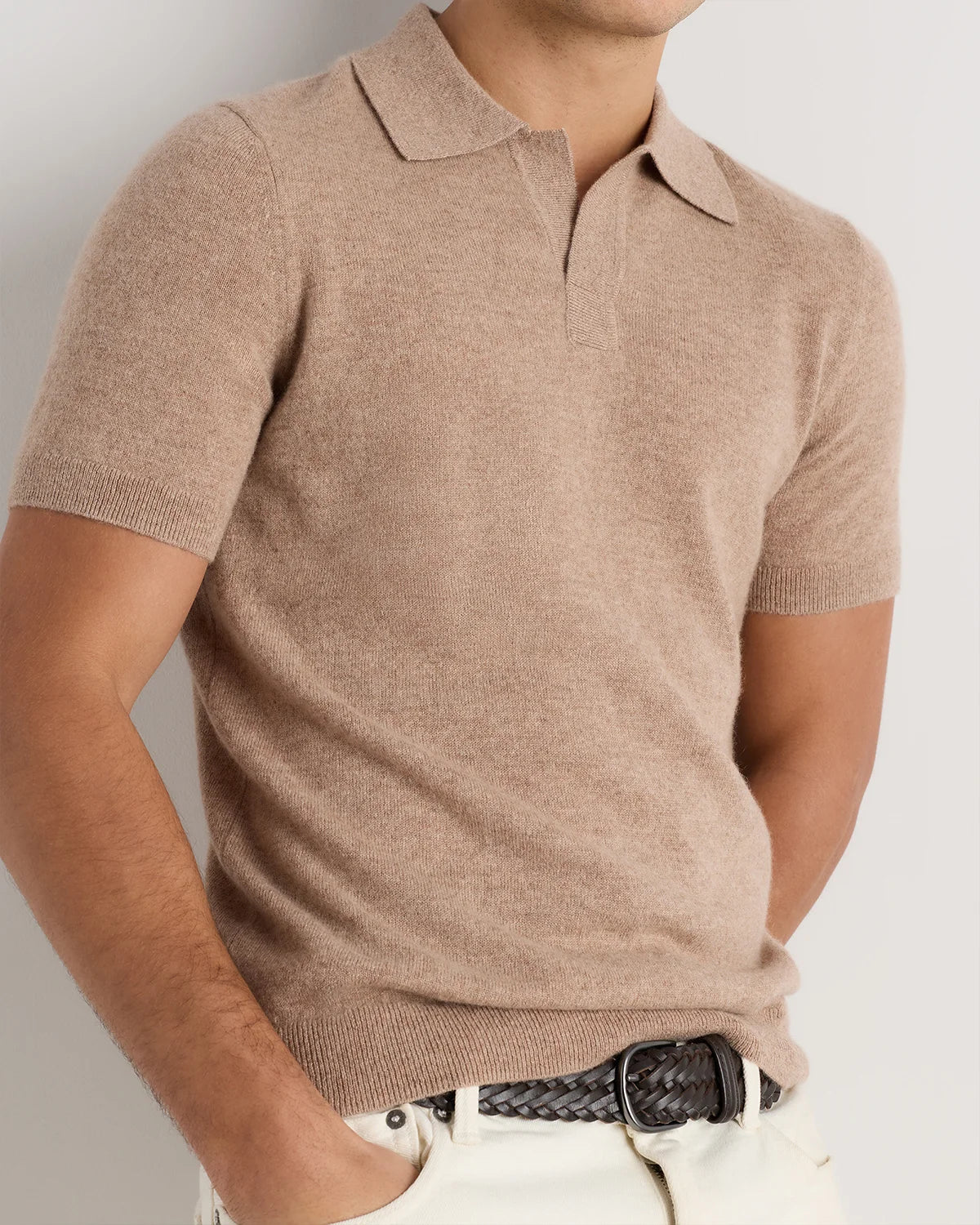 100% Mongolian Cashmere Johnny Collar Polo Sweater - S / Oatmeal