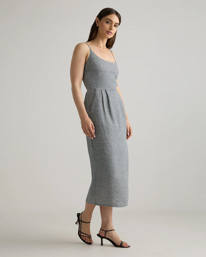 100% European Linen Scoop Neck Midi Dress - XS / Ivory Porcelain Blue Petite Floral