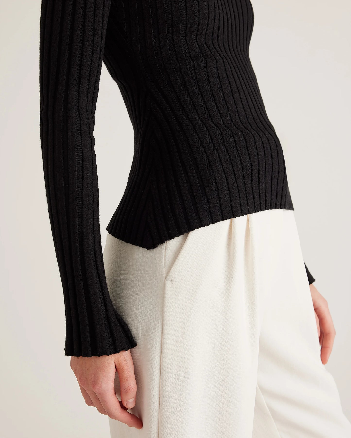 Cotton Cashmere Ribbed Long Sleeve Sweater - XS / Sugar Stone