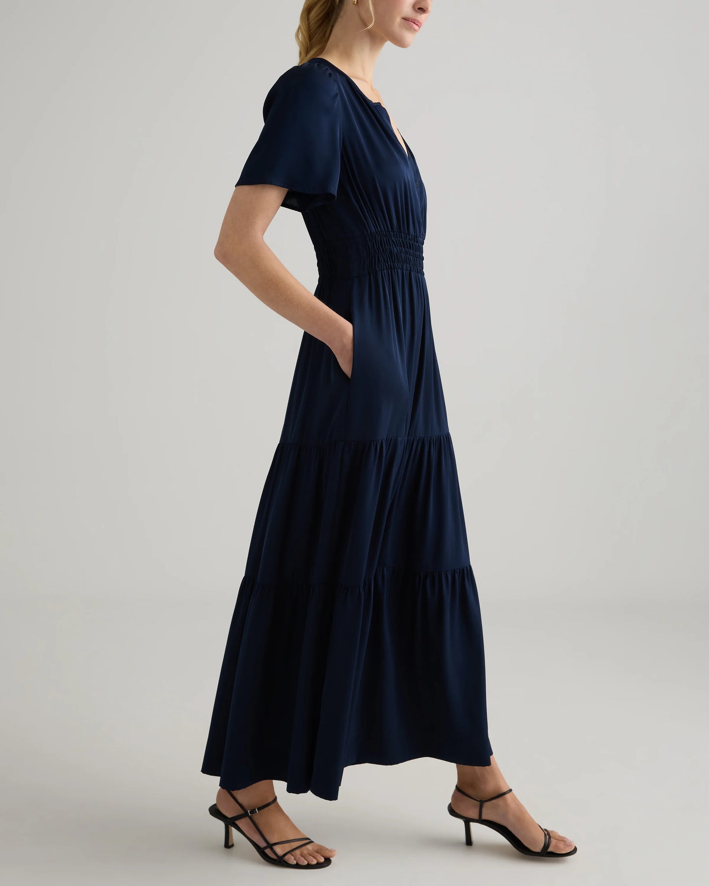 Washable Stretch Silk Tiered Maxi Dress - XS / Navy