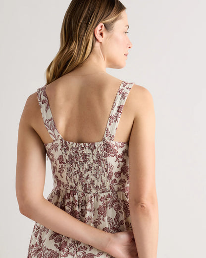 100% European Linen Fit & Flare Midi Dress - XS / Brick Red Heirloom Floral