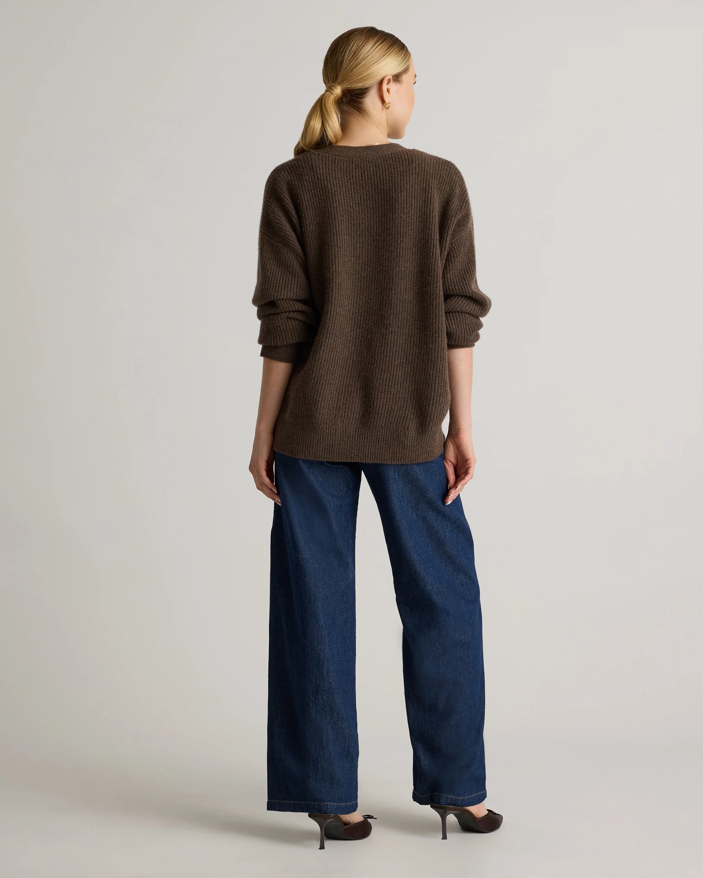 Mongolian Cashmere Fisherman Boxy Cropped Cardigan Sweater - XS / Faded Denim