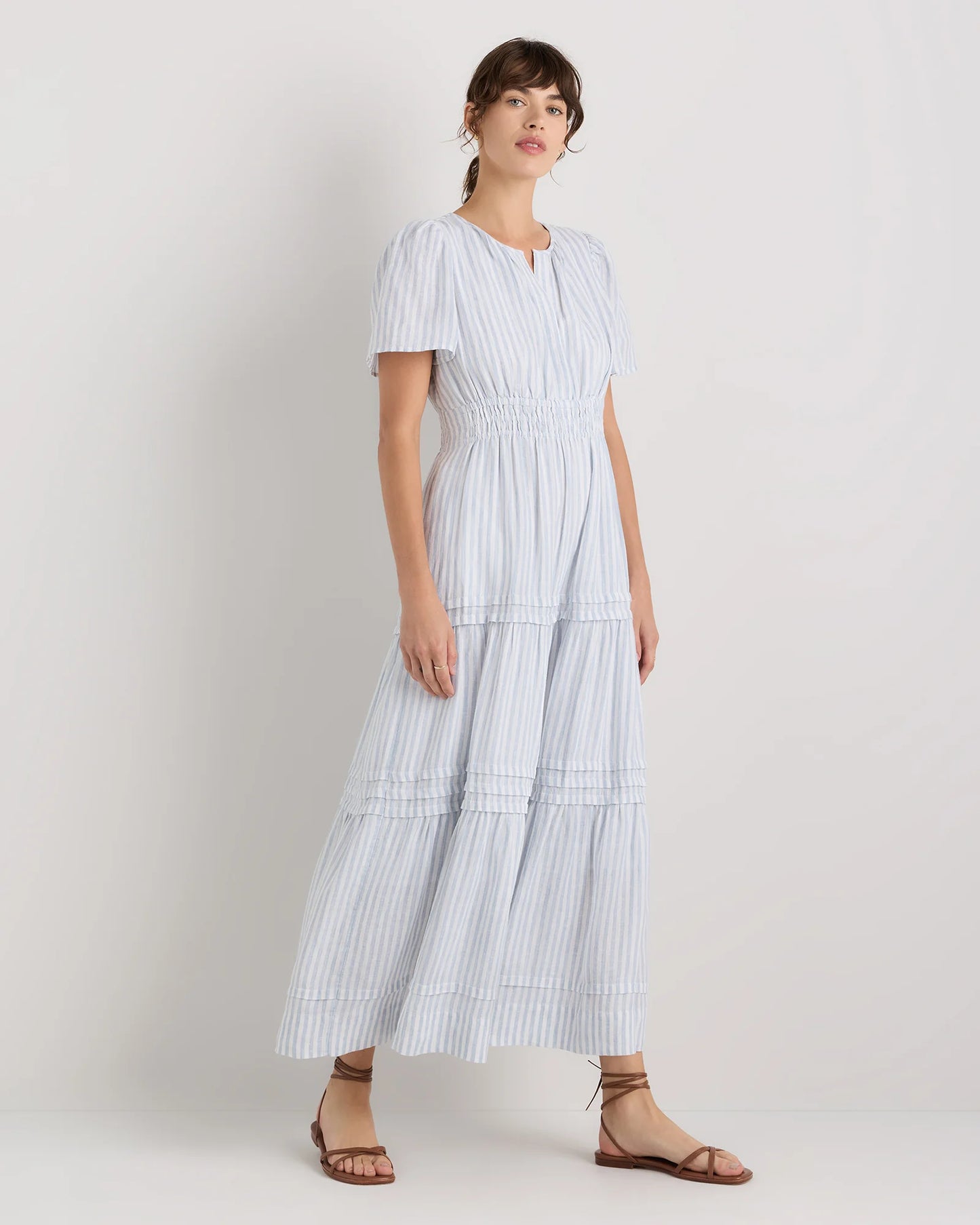 100% European Linen Tiered Maxi Dress - XS / Ivory Porcelain Blue Petite Floral