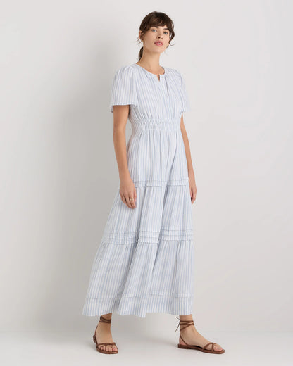 100% European Linen Tiered Maxi Dress - XS / Ivory Porcelain Blue Petite Floral