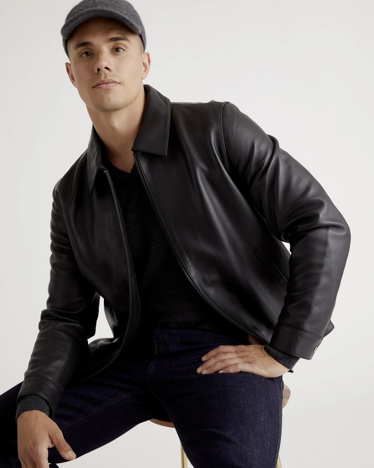 100% Leather Harrington Jacket - S / Dark Cognac Brown