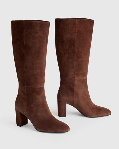 Italian Suede Block Heel Boots - 5 / Espresso Brown