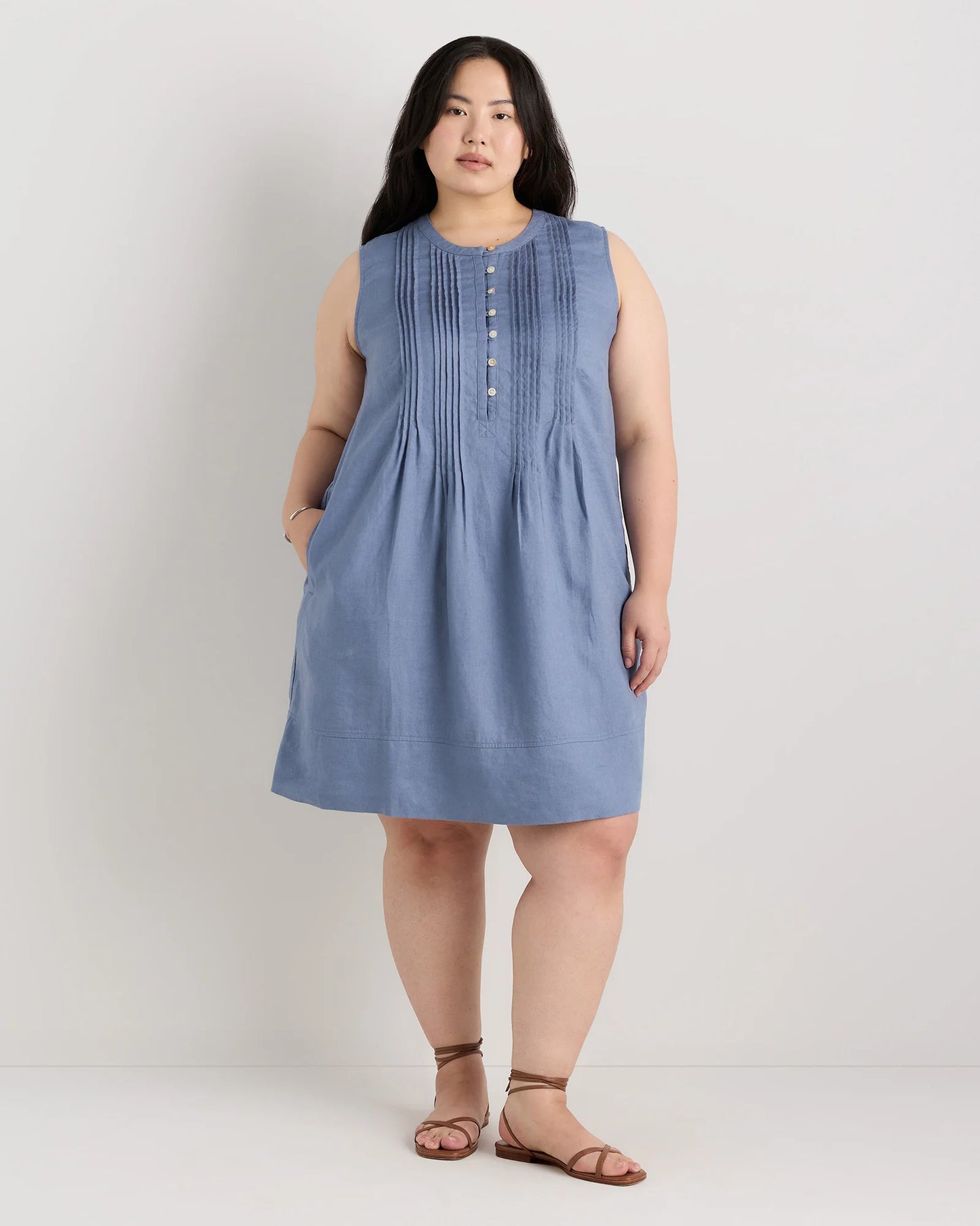 100% European Linen Sleeveless Swing Dress - 1X / Bayberry Olive