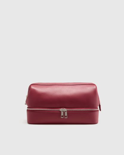 Italian Leather Dual Compartment Toiletry Bag - One Size / Ruby Red