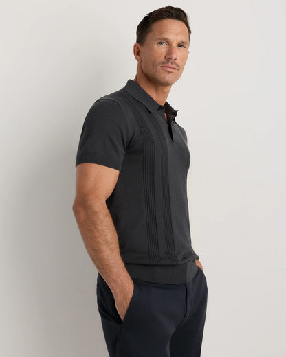 Cotton-Silk Ribbed Short Sleeve Sweater Polo - S / Speckled Beige