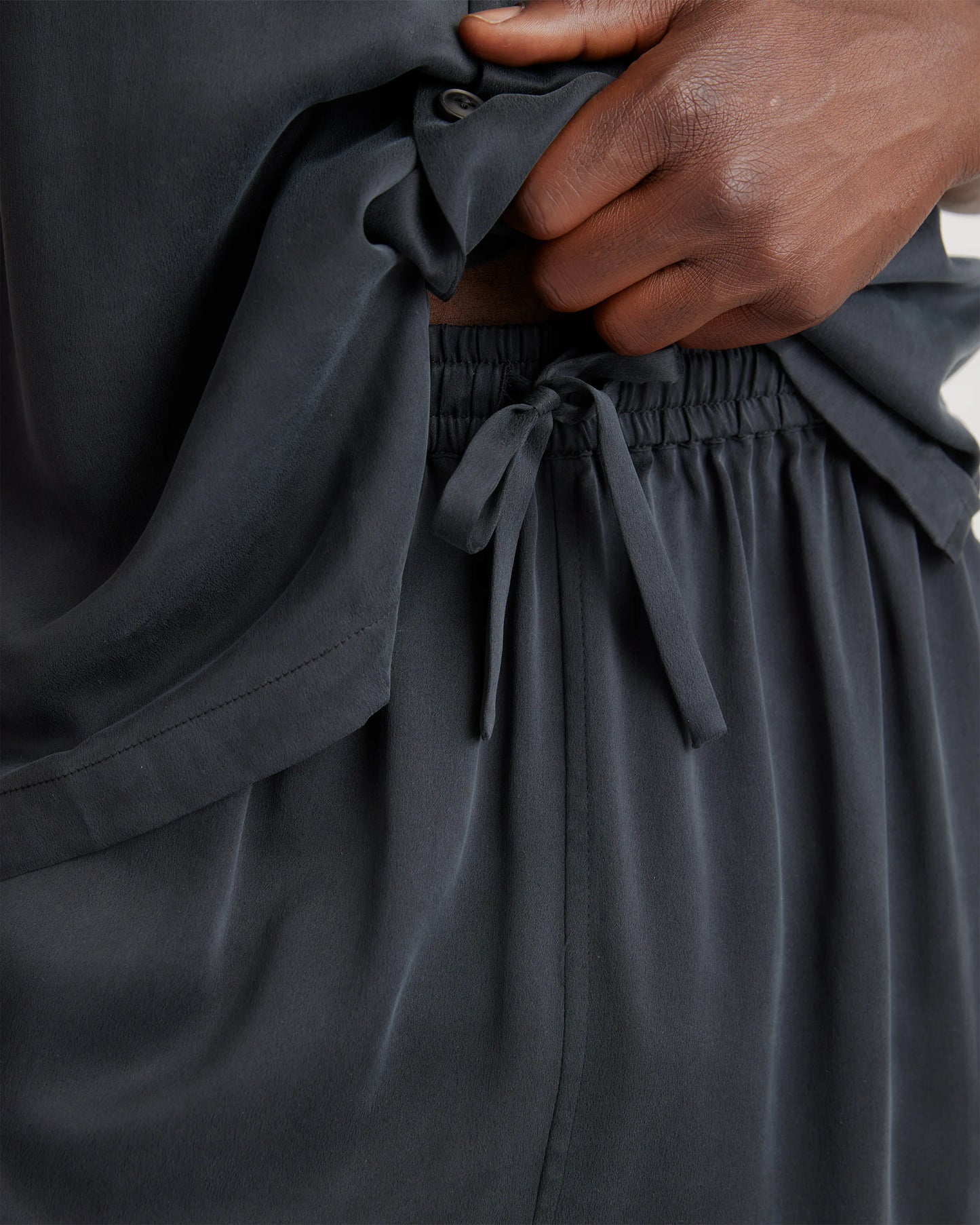 100% Washable Silk Button Down Short Set - S / Black