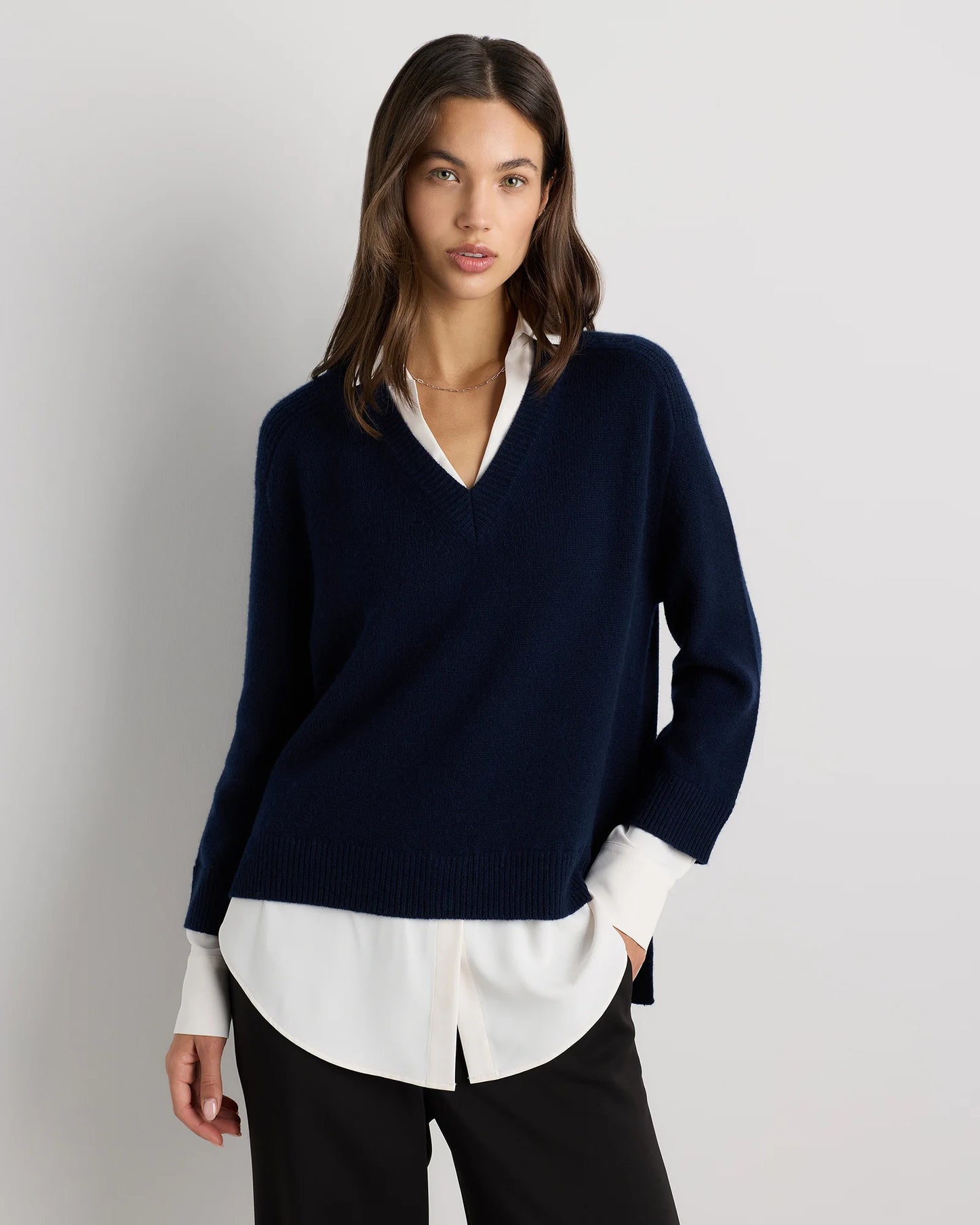 100% Mongolian Cashmere Layered V-Neck Sweater - XS / Ivory